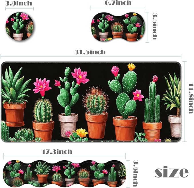 Ergonomic Keyboard Wrist Rest &amp Mouse Pad Wrist Rest SetXL Gaming Desk Mat 31.5x 11.8Non-Slip BaseMemory FoamEasy Typing Pain Relief for Office &amp HomeFloral Cactus