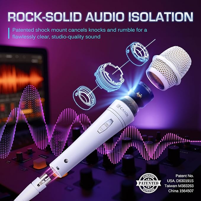 CAROL E dur-916S White XLR Wired Vocal Microphone for Singing – Dynamic Supercardioid Mic with Dual Shock Mount System for Karaoke Stage &amp Public Speaking Includes Mic 14.8ft XLR Cable &amp Sw