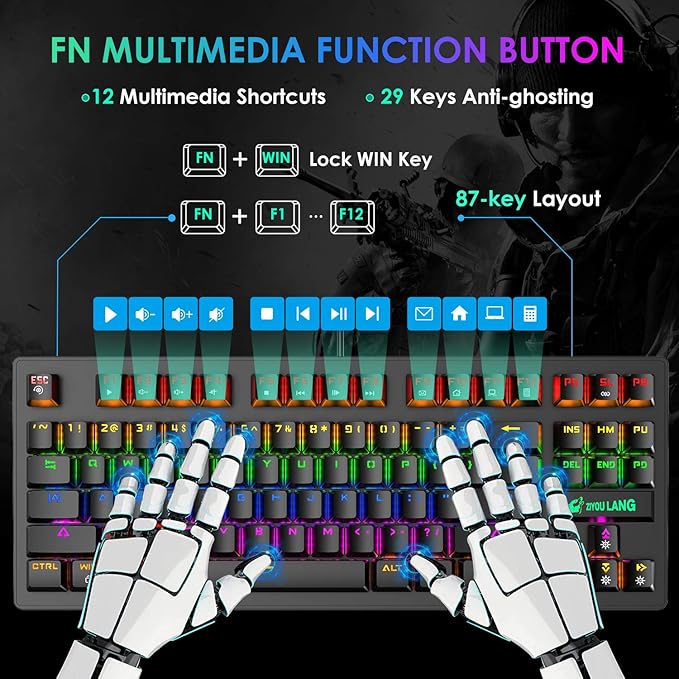 LexonElec K2 Mechanical Gaming KeyboardBlue Switch Mini 82 Keys Wired Rainbow LED Backlit KeyboardLightweight Gaming Mouse DPI Adjustable Honeycomb Optical for MAC PC Gamers(Black)