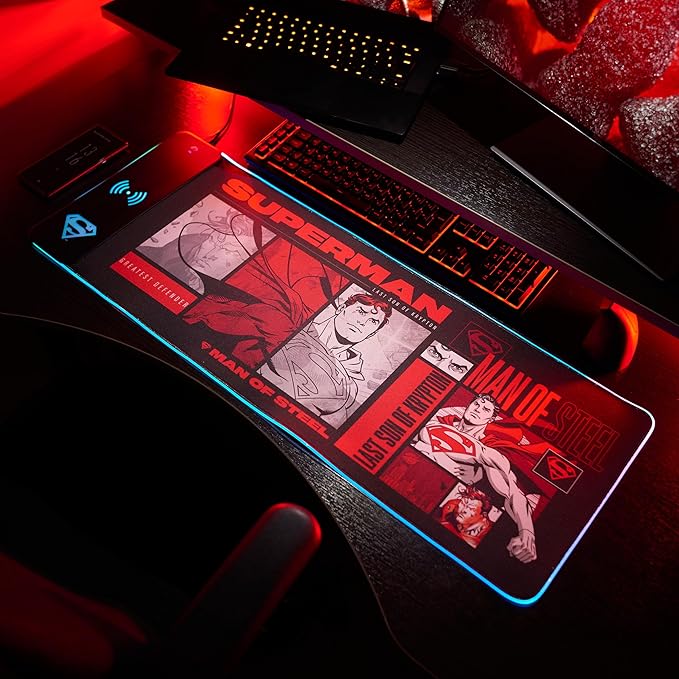 DC Comics Superman 2025 XL RGB Gaming Mat with 15W Wireless Charger | Customizable LED Anti-Slip Spill-Resistant