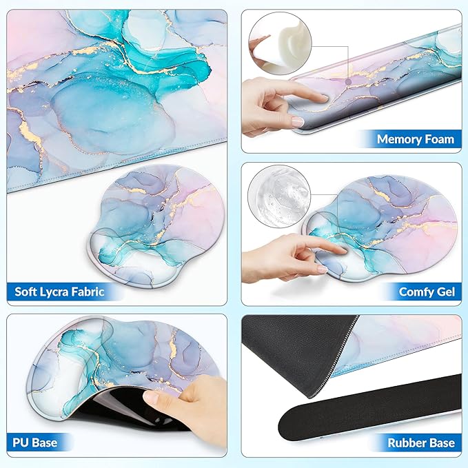 Desk Mat Set + Keyboard and Mouse Pad with Wrist Rest Support4-in-1 Large Mousepad Computer Mats for Desktop Home &amp Office-Golden Blue Marble