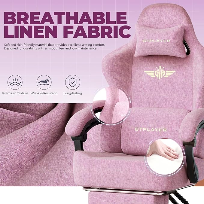 GTPLAYER Big and Tall Gaming Chair with Pocket Spring Cushion High Back Ergonomic Computer Chair with Footrest for Adults Lumbar Support Swivel Game Chair for Office Gaming 350LBS Fabric Pink