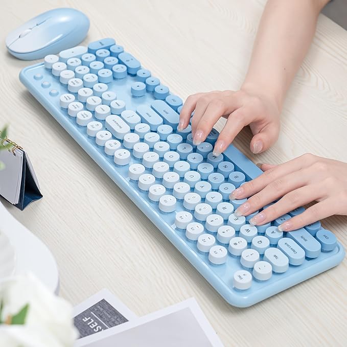Colorful Wireless Keyboard and Mouse Combo COVEVA 2.4GHz Wireless Retro Cute Round Keycaps Keyboard 104 Keys Full-Sized Keyboard Mouse Set with Switch Button for PC Laptop Desktop (Blue Gradient)