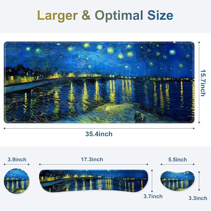 Large Gaming Mouse Pad Set 4 in 1 Ergonomics Keyboard Desk Mat Memory Foam Wrist Rest Computer Extended Game Mousepad Non-Slip Desk Matt Easy Typing Pain Relief I Starry Night Over The Rhone