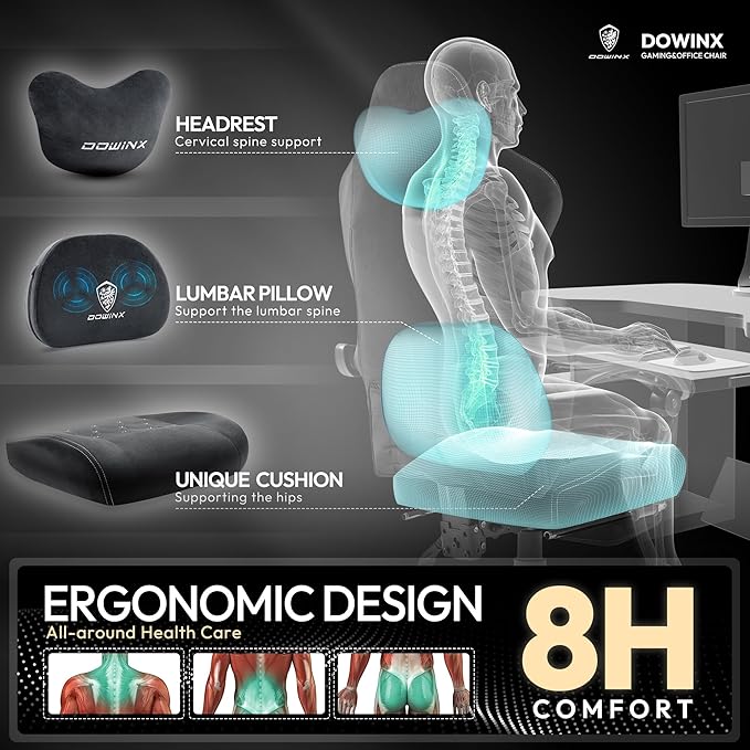 Dowinx Fabric Gaming Chair with Heated Massage Lumbar Support Game Chairs for Adults Big and Tall Gamer Chair with Pocket Spring Cushion High Back PC Chairs with Footrest Black