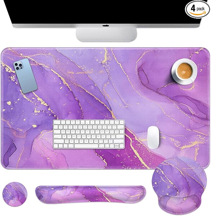 Desk Mat Painting Golden Purple Marble Mouse Pad Set 4-in-1 Large Mousepad+Keyboard Wrist Rest+Mouse Wrist Rest+Coaster with Ergonomic Design Non-Slip Mat
