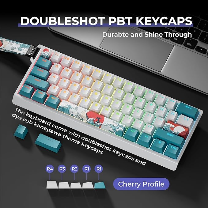HITIME x XVX 60% Percent Keyboard with Strap H61 Wired Aluminum Gaming Keyboard Hot Swappable Kanagawa Anime PBT Keycaps RGB Backlit Cherry Profile Sound Absorbing Pads Creamy Linear Switch