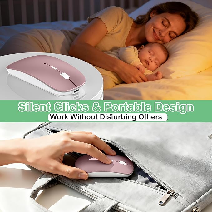 Wireless Mouse for Laptop/MacBook Air/Pro &amp iPad Mouse Jiggler Mode Bluetooth 5.2/2.4G Rechargeable Silent Click 3-Level DPI Slim Portable USB-A&ampC Receiver (Mouse Jiggler Mode Rose Gold)