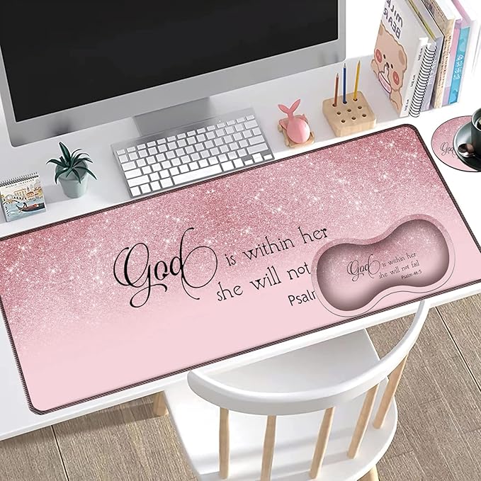 Large Gaming Mouse Pad + Mouse Wrist Rest Pad + Coaster Combination 31.5 x 11.8 Durable Non-Slip Extension Table Mat Suitable for Office and Home Bible Psalm 46-5