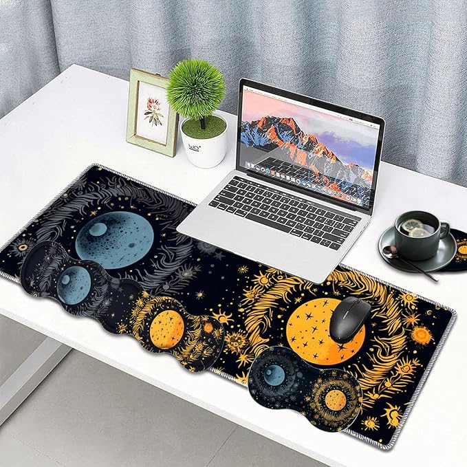 Large Gaming Mouse Pad Keyboard Wrist Rest Pad + Mouse Wrist Pad + Coaster 4 in 1 Set Extended Waterproof Non-Slip Desk Mat Suitable for Office Home Learning Games Moon Sun and Stars