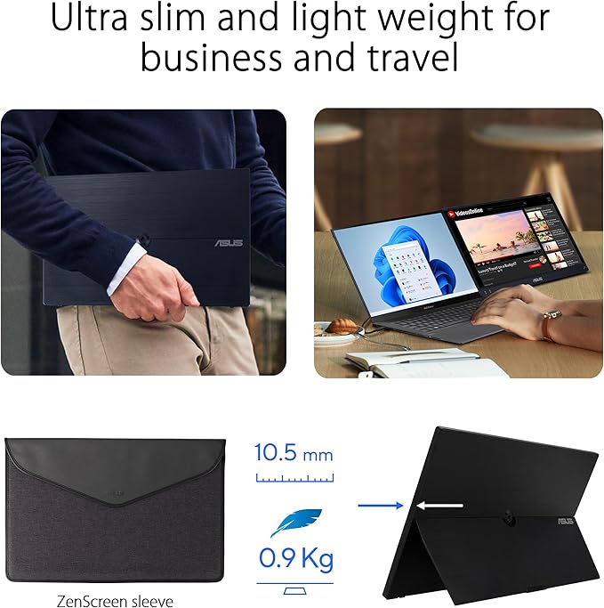 ASUS ZenScreen 15.6” 1080P Portable Monitor (MB16ACVR) - Full HD IPS Eye Care Flicker Free Blue Light Filter Kickstand USB-C Power Delivery for Laptop PC Phone Console