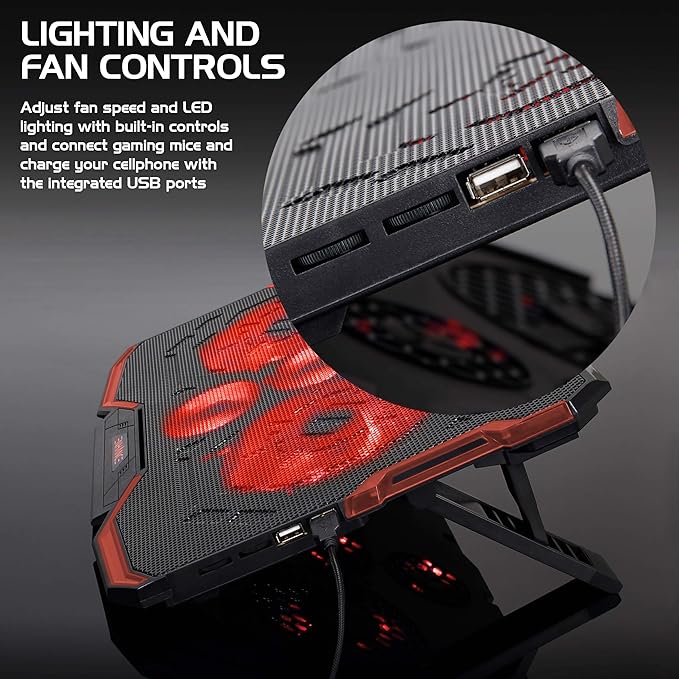 Enhance Cryogen Gaming Laptop Cooling Pad - Fits 17 in. Computer PS4 - Adjustable Laptop Cooling Stand with 5 Quiet Cooler Fans 2 USB Ports and LED Lighting - Slim Portable Design 2500 RPM (Red)
