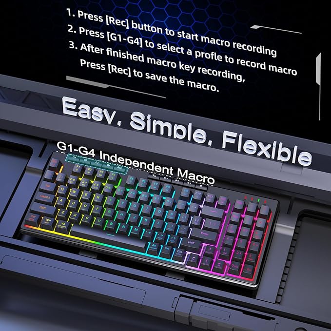 Redragon K517 Pro Wireless Gaming Keyboard RGB Backlit Tri-Mode BT/2.4GHz/USB-C Mechanical Feel 94 Keys Computer Keyboard with 4 Macro Keys Number Pad 4000mAh Battery for Win/MAC