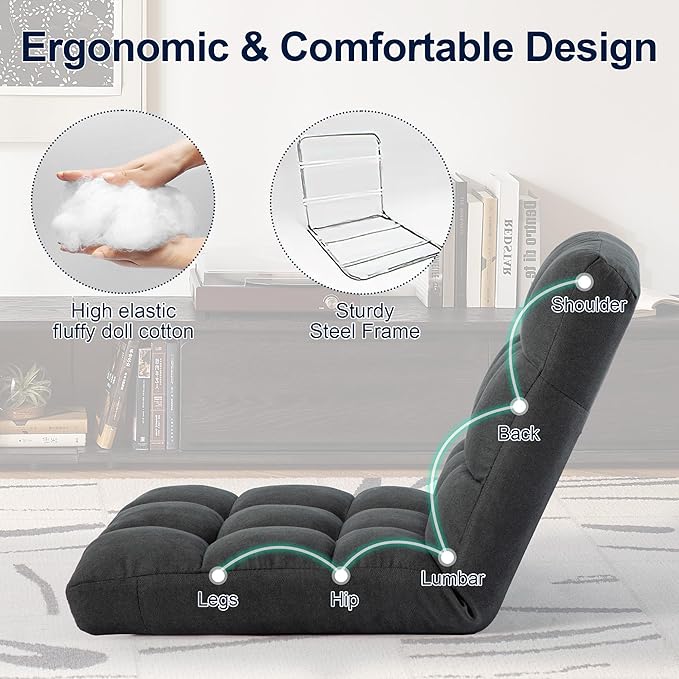 Floor Chair 24 inches Wide Oversized Velvet Armless Lay Flat Floor seat Padded Meditation Chair with 6 Adjustable Position Ergonomic Comfortable Convenient(LRSF-002-GREY)