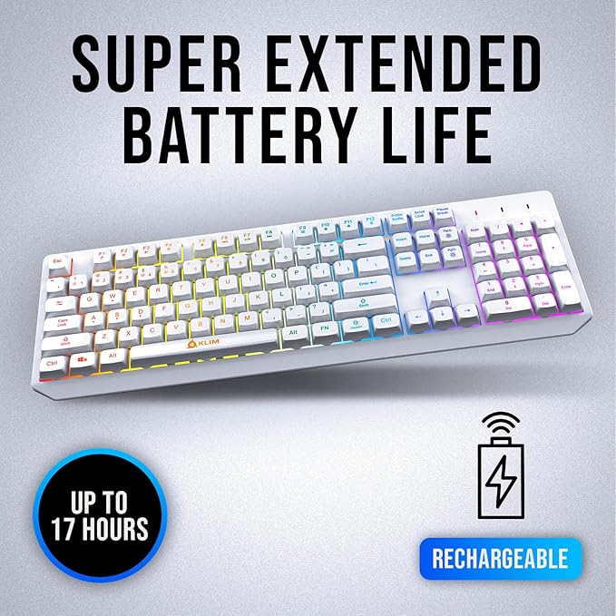 KLIM Chroma White Wireless Keyboard – RGB Backlit Rechargeable Battery Wireless Keyboard with Water-Resistant Durable Design Compatible with PC Mac PS4 PS5