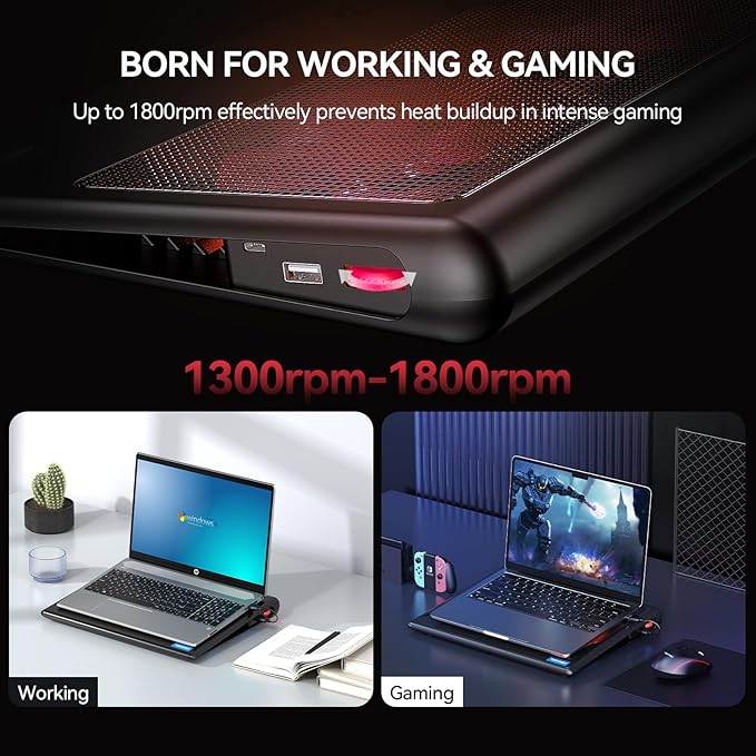 TECKNET Laptop Cooling Pad - 12-15.6 Laptops Cooler Powerful Cooler and Ultra Quiet for Gaming Laptops Pad 2 Wind Speed Adjustable USB A &amp C Powered Cooler Stand with Laptop Fan LED (Red)