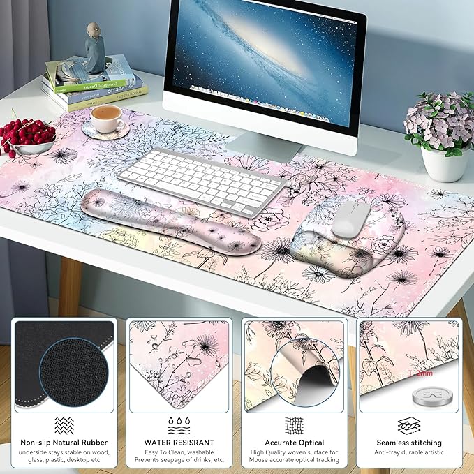 Large Mouse Pad Keyboard Wrist Rest Set Ergonomic Mouse Pad with Wrist Support Desk Mat with Stitched Edges Extended Desk Pad Waterproof Desk Mat for Home Office Game I Dandelion &amp Sunflower