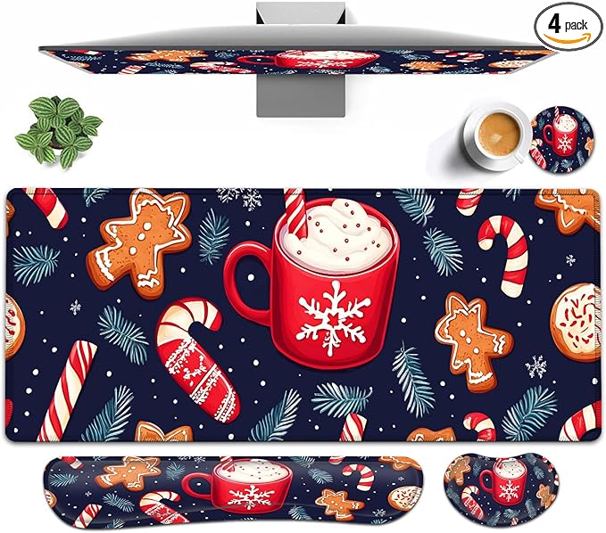 Large Mouse pad and Keyboard Support Set Ergonomic Memory Foam Keyboard Wrist Rest Extended Gaming Mouse Pad with Stitched Edges Christmas Theme XXL Desk Mat (31.5 X 11.8 in)