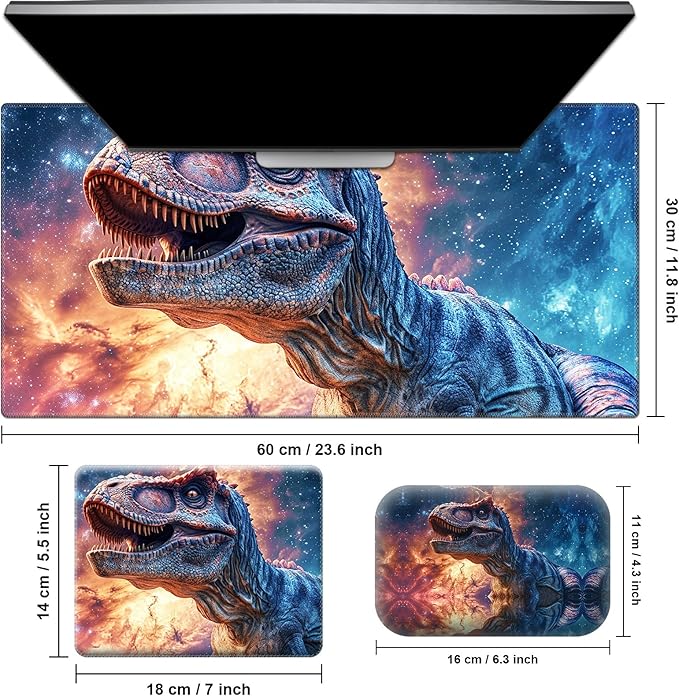 Desk Pad Large Game Mouse Pad + Small Mouse Pad + Wrist RestErgonomic Mouse PadTable Mat with Stitched EdgeAnti-SlipMemory Foam Desk Mat for Home Office Gaming(23.6×11.8in)Galaxy Dinosaur