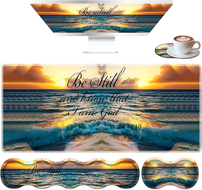 Large Mouse Pad Set Desktop Mouse Pad + Keyboard Wrist Pad + Mouse Wrist Pad + Coaster Ergonomic Memory Foam Multi-Functional Desk Mat - Sunset Beach