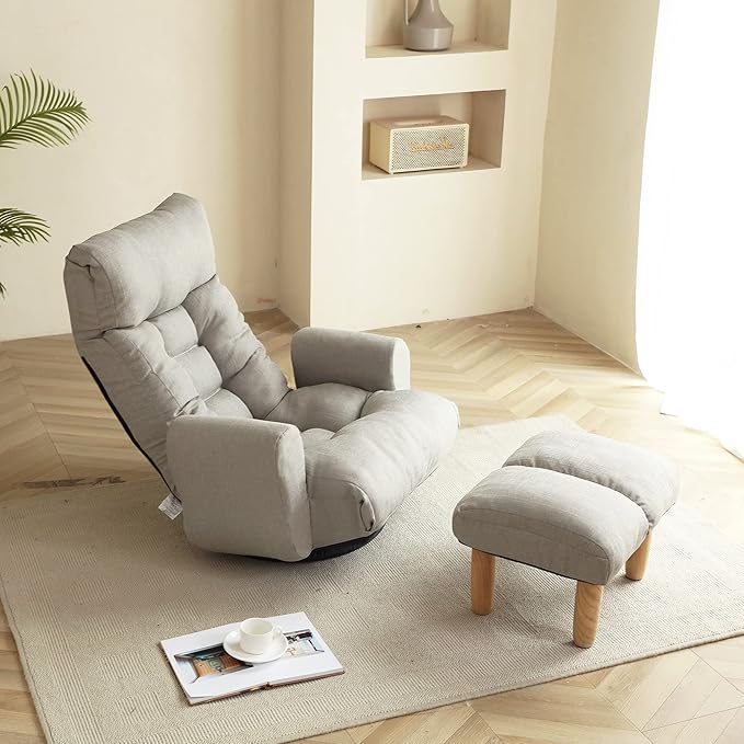 360° Swivel Floor Gaming Chair Floor Chair 14 Adjustable Head Segments 3 Waist Segments Ergonomic Recliner for Gaming Reading Living Room Includes Footrests (Beige)