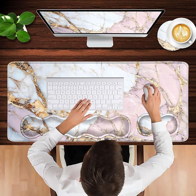 Keyboard Wrist Rest and Mouse Pad with Wrist Support Set Ergonomic CoasterMemory FoamEasy Typing Pain ReliefLarge XL Desk Mat 31.5x 11.8Colorful Marble