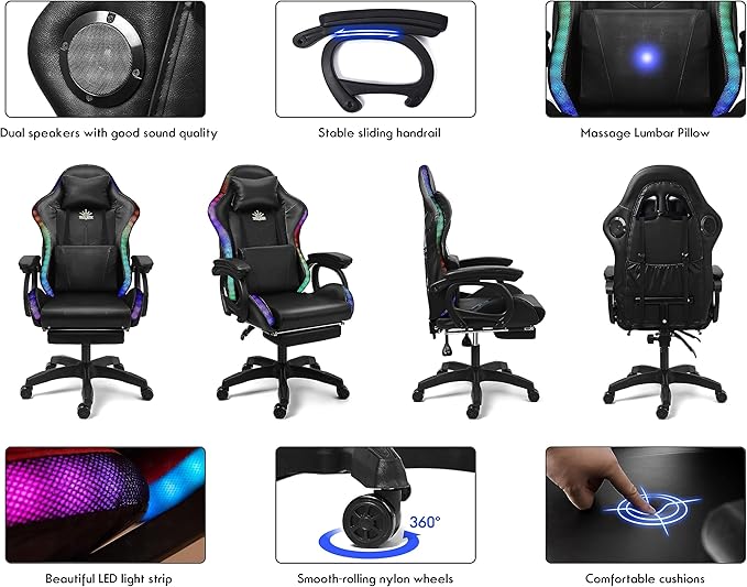 Ergonomic Gaming Chair with Footrest and Lumbar Support Video Gaming Chair with Speaker and LED Light Gaming Chair with Full Massage Function 90°-135° Tilting Computer Chair.Pink
