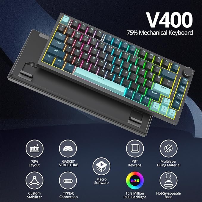 75% TKL Wired Mechanical KeyboardRGB Backlit Gasket Mount 82 Key Hot Swappable Custom Linear Red Switch Gaming Keyboard with Volume Knob &amp PBT Keycaps (82 Monster B)