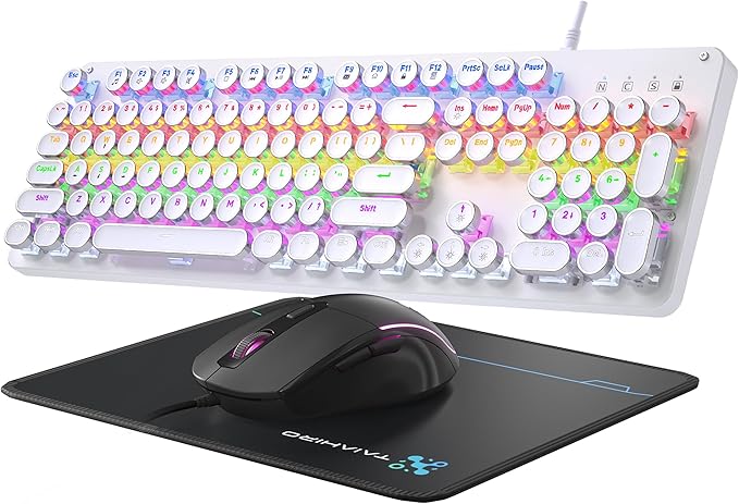 Typewriter Mechanical Gaming Keyboard and Mouse 104-Key Full Size Retro Keyboards Metal Panel Punk Round Keycap Clicky Blue Switch with RGB Backlit Mouse and Pad Combo for PC Laptop Mac Gamer White