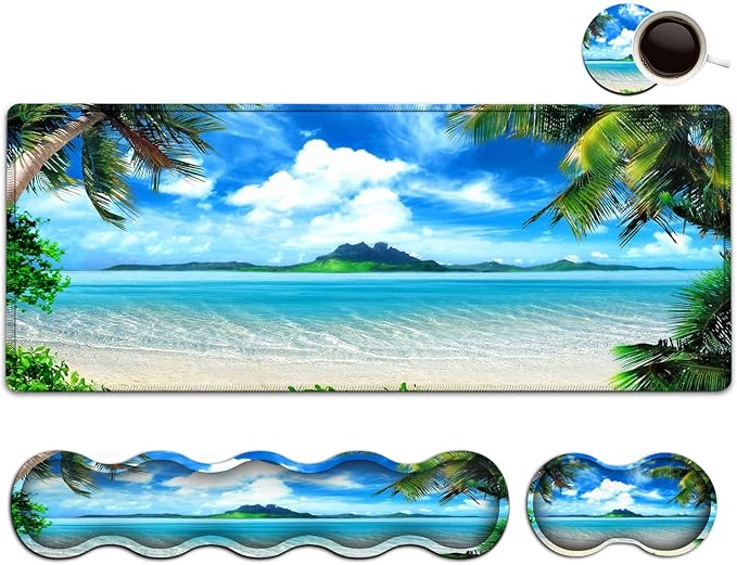 Large Mouse Pad Desk Mat Keyboard Pad+ Ergonomic Keyboard Wrist Rest Set Big Extended Laptop Protector Writing Mat for Desktop Home Office Coconut Trees on Sands Beach Seascape Gaming Mouse Pad