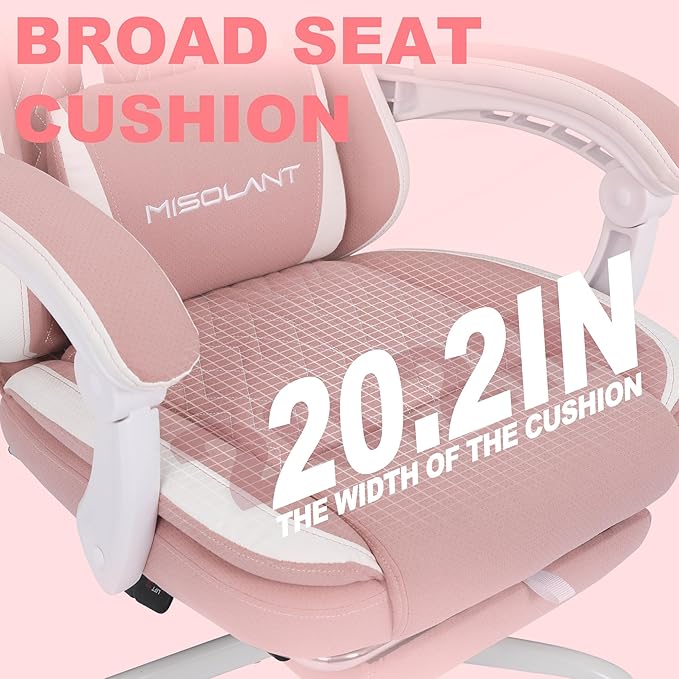 Misolant Gaming Chair Fabric Gamer Chair with footrest for Adults High Back Ergonomic Computer Game Chair with Adjustable Headrest and Massage Lumbar Support 90-155° Recline Free Pink