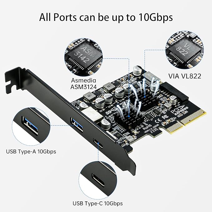 USB 3.1 PCIe Card RIITOP PCI-e 3.0 x4 to USB3.2 Gen2 Adapter (10Gbps) Expands to 20Pin + Type-E + 1x USB 3.0 + 1x USB C