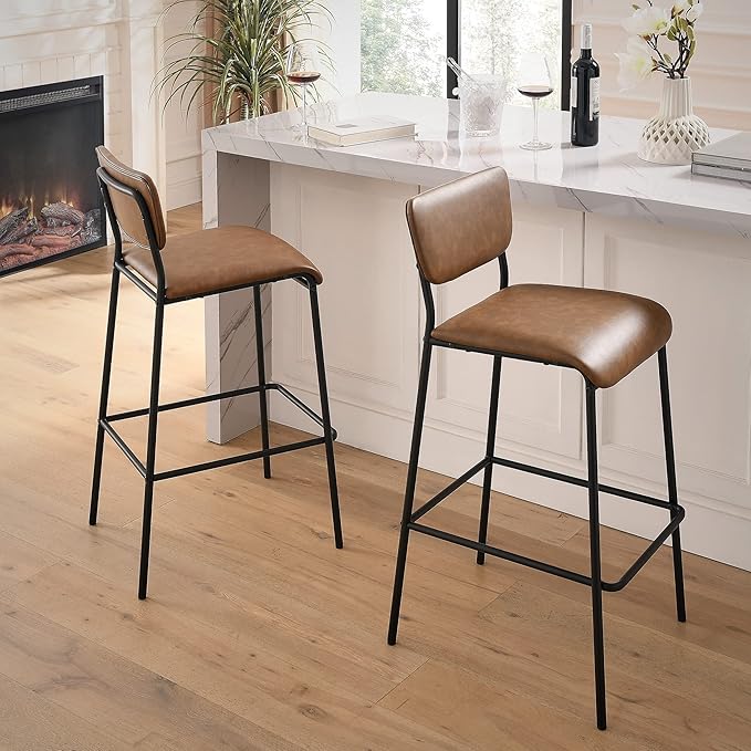 Pu Faux Leather Bar Stools Set of 2 Pub Barstools with Back and Footrest Brown (18.25 x20“x38.5”