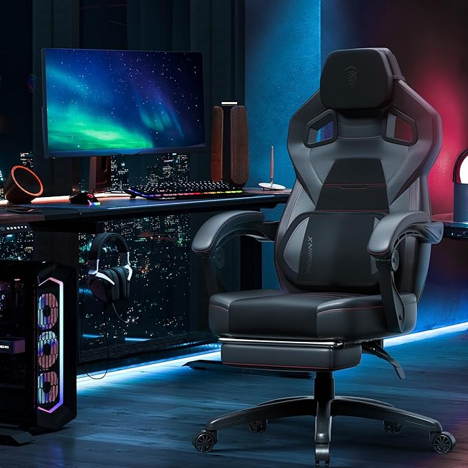 Dowinx Gaming Chair with Footrest Big and Tall Gaming Chair for Heavy People Gamer Chair for Adult with Massage Ergonomic Gaming Chair with headrest Computer Game Chair for 200lbs Black