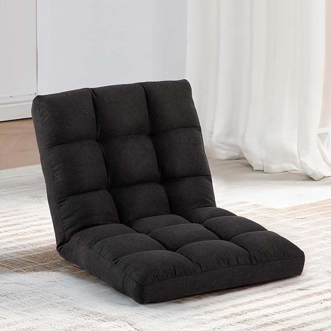 Folding Floor Chair with Back Support Adjust Lay Flat Recliner Oversized Lounge Wide Lazy Boy Gaming Ergonomic Single Sofa Seat for Living Room Bedroom(Black)