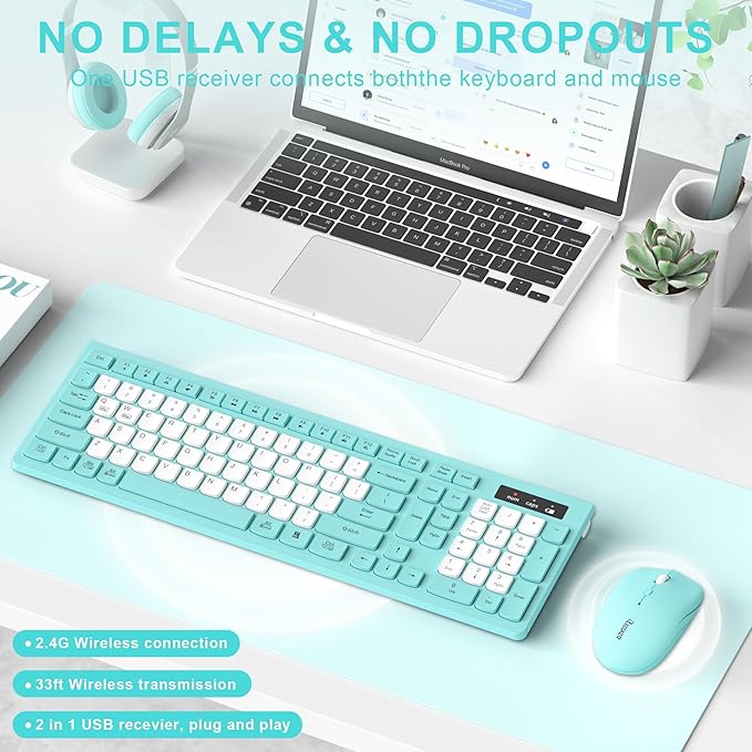 Wireless Keyboard and Mouse Combo Full-Sized Quiet Wireless Keyboard and Adjustable DPI Mouse 2.4GHz USB Receiver Keyboard and Mouse for PC Windows Desktop Laptop (Tiffany Blue and White-B)