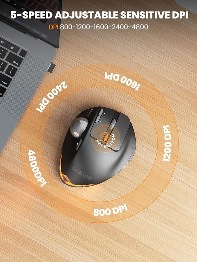 SABLUTE MAM1 Pro Wireless Trackball Mouse Hard Travel Case (Include) Ergonomic Bluetooth Rechargeable Computer Mice with 5 Level DPI Adjustable Angle 3 Devices Connection for PC Mac Windows