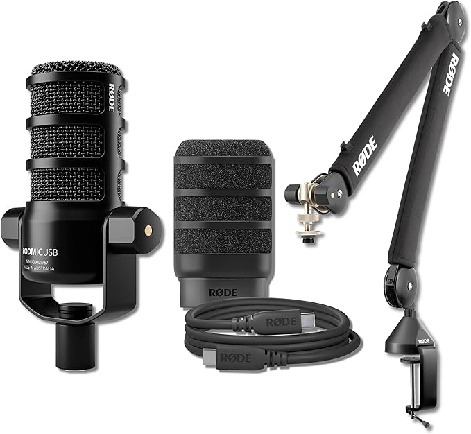 Rode PodMic USB Dynamic Broadcast Microphone with Rode PSA1+ Broadcast Microphone Boom Arm and XLR Cable