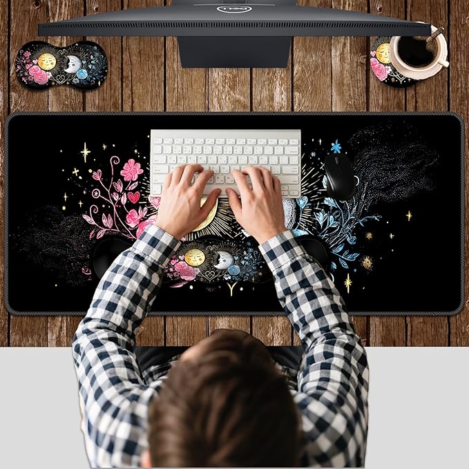 Ergonomic Keyboard Wrist Rest &amp Mouse Pad Wrist Rest SetXL Gaming Desk Mat 31.5x 11.8Non-Slip BaseMemory FoamEasy Typing Pain Relief for Office &amp HomeSun and Moon