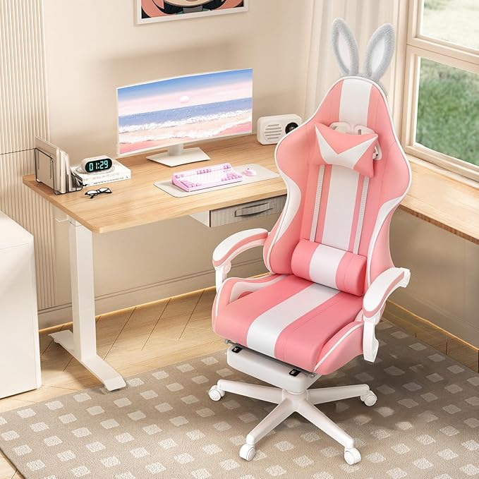 Ferghana Kawaii Pink Gaming Chair with Bunny Ears Ergonomic Cute Gamer Chair with Footrest and Massage Racing Reclining Home Computer Game Chair for Girls Adults Teens Kids
