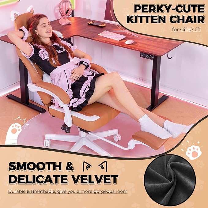 Gaming Chair Cute with Cat Ears Ergonomic Computer Chair with Dog Embroidery Adjustable Memory Foam Lumbar Support and Headrest Comfortable Reclining Office Chair for Girls Teens Women