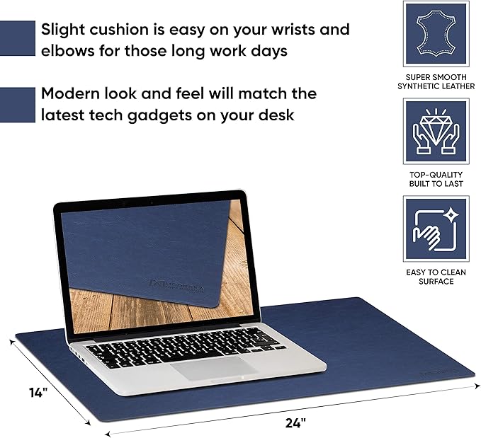 24 x 14 Leather Desk Pad - SKIDSTOP™ Ultra Smooth Executive Blotter and Protective Mat Large Mouse Pad for Office School Home Remote Business – Navy Blue