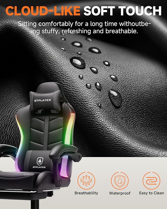 GTPLAYER Gaming Chair Ergonomic Computer Office Chairs for Adults with Footrest Height Adjustable Linkage Armrests 90-155° Recline &amp Headrest Lumbar Support RGB Black