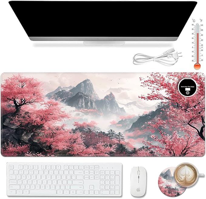 Warm Desk PadHeated Desk PadOffice Mat3 Heating Levels &amp 3 Hours Auto Shut-Off31.5*13 Gaming Mouse Laptop Keyboard Leather Desk MatWatercolor Tree Mountain