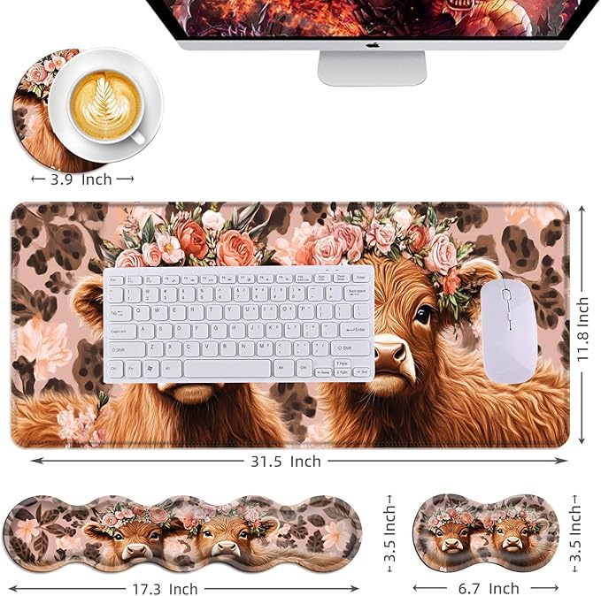 Mouse PadLarge Desk Mat Set 4in1 XL Mousepad + Keyboard Wrist Rest+Mouse Wrist Rest+Coaster with Ergonomic Desk Pad for Home Office Table Computer Cover -Highland Cow with Flower Crowns