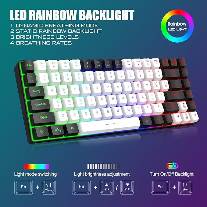 RedThunder K84 Wireless Keyboard and Mouse Combo LED Rainbow Backlit Rechargeable Battery 75% Layout TKL Ultra Compact Gaming Keyboard &amp Lightweight 3200 DPI Honeycomb Optical Mouse (White-Black