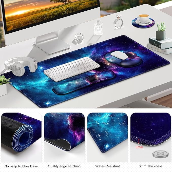 Gaming Mouse Pad Large Desk Mat Cute Desk Pad Protector 4in1 XXL Mousepad + Keyboard Wrist Rest+Mouse Wrist Rest+Coaster Set with Ergonomic Desk Pad for Home Office Table Computer Galaxy Space