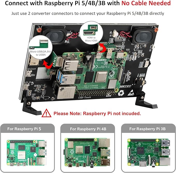 Touchscreen Monitor for Raspberry Pi 7'' IPS LCD Screen 1024 x 600 Smooth Touch Built-in Dual Speakers HDMI Input Compatible with Raspberry Pi 5/4/3/Zero Easy Set-up Driver-Free