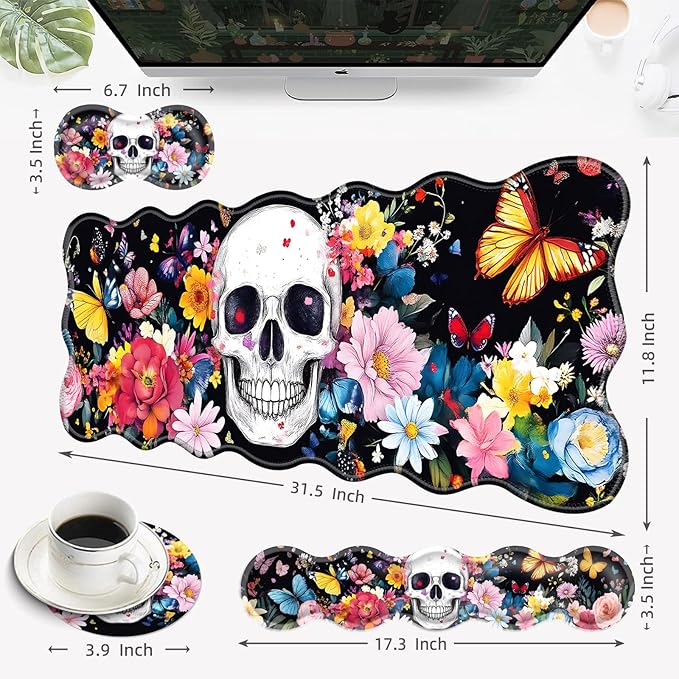 Desk Mat Mouse Pad with Wrist Rest 4-in-1 Large Mouse Pads for Desk Ergonomic Mouse Pad and Keyboard Wrist Rest Gaming Keyboard Mat for OfficeSkull Flowers Butterflies