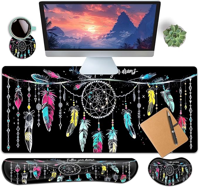 Large Gaming Mouse Pad+ Keyboard Wrist Rest Set Ergonomics Memory Foam Mouse Mat Wrist Rest Support for Home Office Waterproof Extended Mousepad 31.5x11.8in Dream Catcher Black Desk Pad